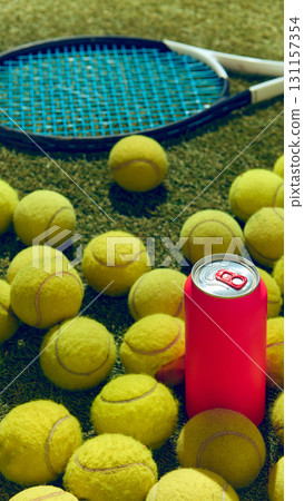 Closeup of blank pink can for mockup with tennis racket and tennis balls on grass. Closeup of blank pink can for mockup with tennis racket and tennis balls on grass. 131157354