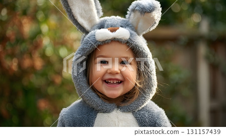 Bunny costume child smiling festive outdoor scene Bunny costume child smiling festive outdoor scene 131157439