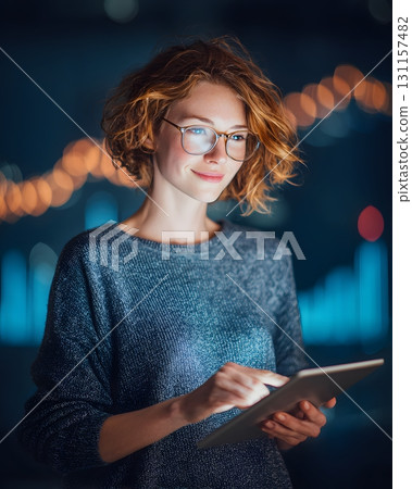 young woman holding tablet with clear investment dashboard glowing softly 131157482