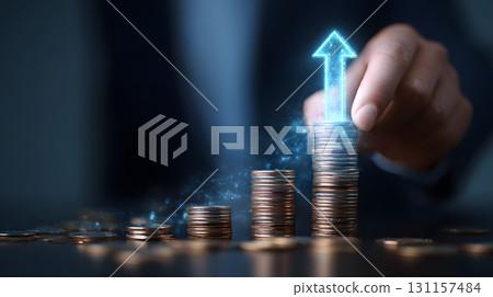 businessman stacking coins with futuristic upward arrow hologram 131157484