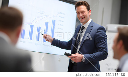 confident analyst pointing at projected chart in meeting room 131157488