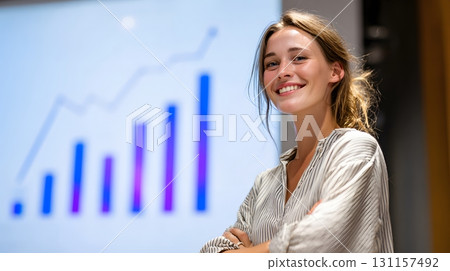 woman smiling at rising bar chart presentation on big screen 131157492