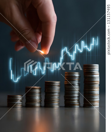hand placing coin on stack with glowing digital chart background 131157495