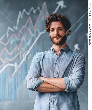 confident trader with crossed arms in front of upward charts 131157498