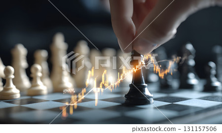 businessman placing chess piece on board with glowing chart overlay 131157506