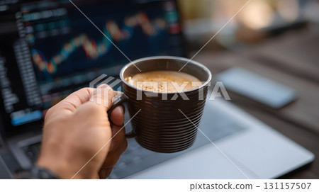 professional investor holding coffee cup with laptop open to trading app 131157507