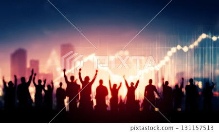 group celebrating investment milestone with rising chart background 131157513