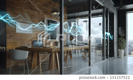 stylish office interior with graph hologram floating above desk 131157522