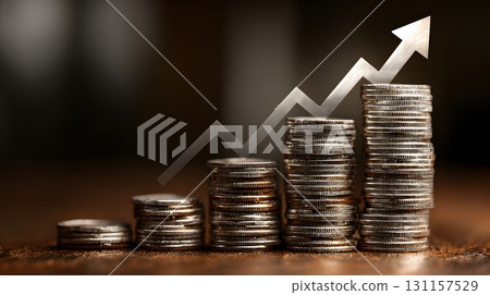 stack of coins with transparent upward arrow overlay 131157529