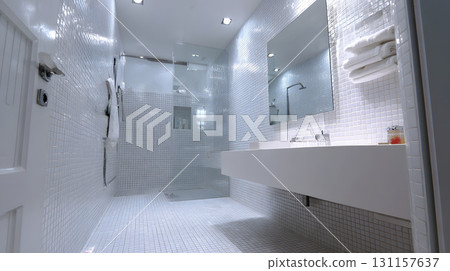 bathroom minimal white tiles spa feeling 131157637
