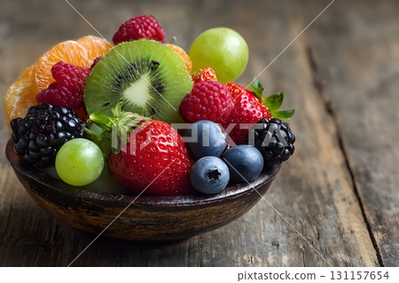 bowl of fruits fresh wooden background healthy 131157654