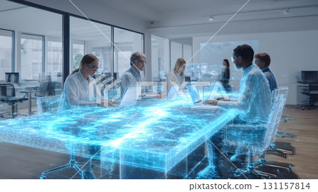 futuristic startup meeting holograms floating above table 131157814