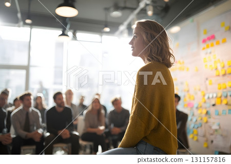 entrepreneur pitching idea in open space bright lighting 131157816
