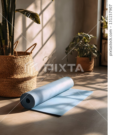 Minimal yoga mat in bright studio interior with soft natural light Minimal yoga mat in bright studio interior with soft natural light 131157907