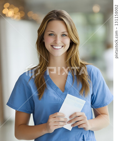 Smiling young nurse holding wellness booklet 131158002