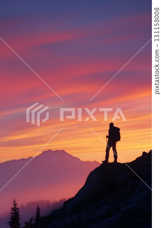 Silhouette of mountain hiker enjoying sunrise symbolizing resilience 131158008