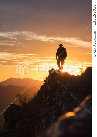 Silhouette of mountain hiker enjoying sunrise symbolizing resilience 131158010