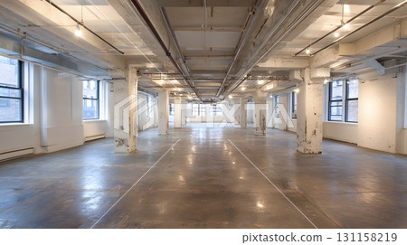 Large loft empty space wide open concrete floor industrial touch 131158219