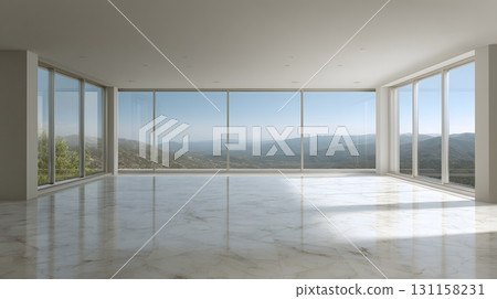Elegant empty interior neutral modern design panoramic window 131158231