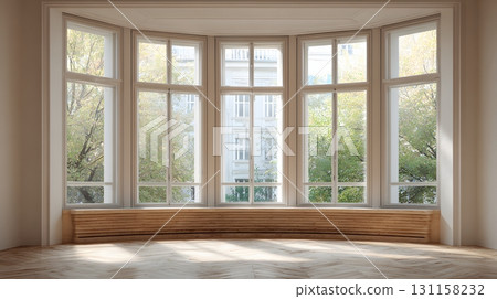 Elegant empty interior neutral modern design panoramic window 131158232