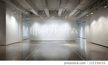 Spacious modern gallery empty with spotlighting large white wall 131158233
