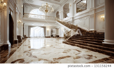 Large villa empty hall with bright polished marble floor Large villa empty hall with bright polished marble floor 131158244
