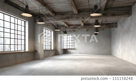 Contemporary loft empty studio interior artistic lighting wide space 131158248