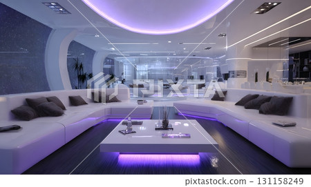 Spacious futuristic interior lounge with LED accent walls 131158249