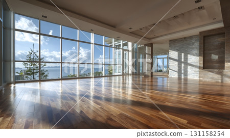 Luxury modern house empty dining hall with floor to ceiling glass 131158254