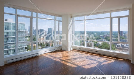 Luxury condo empty bedroom panoramic window city skyline Luxury condo empty bedroom panoramic window city skyline 131158288