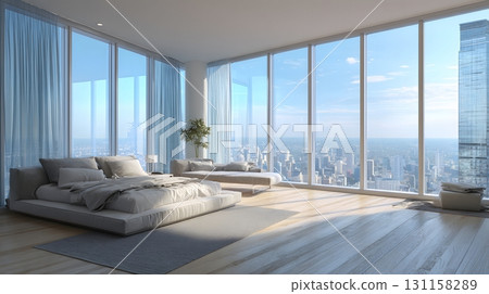 Luxury condo empty bedroom panoramic window city skyline Luxury condo empty bedroom panoramic window city skyline 131158289