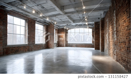 Loft style empty interior with high ceilings exposed brick walls and polished concrete floor Loft style empty interior with high ceilings exposed brick walls and polished concrete floor 131158427