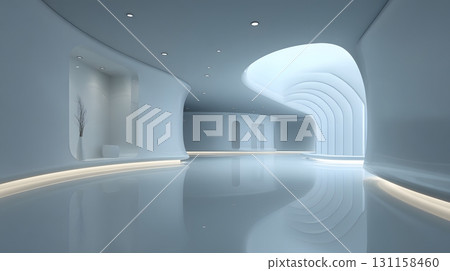 Minimal futuristic empty living room with glowing floor lights smooth surfaces 131158460