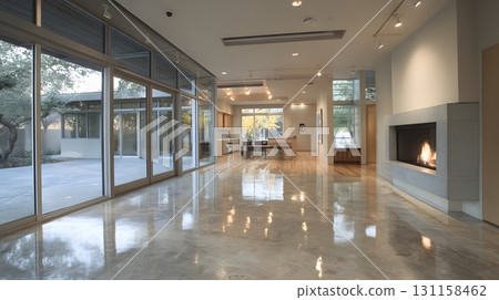 Modern house empty interior open floor plan connecting living dining space 131158462