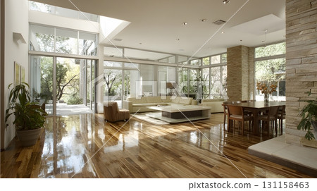 Modern house empty interior open floor plan connecting living dining space 131158463