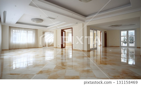 Spacious villa empty interior white walls high ceiling marble flooring 131158469