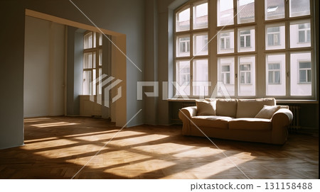 Contemporary empty living room interior muted tones wide windows 131158488