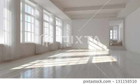 Minimal modern living room empty with natural sunlight glow 131158510