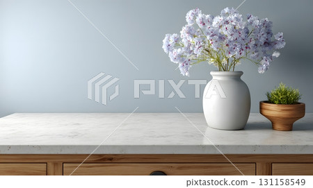 simple kitchen counter with one vase and empty background simple kitchen counter with one vase and empty background 131158549