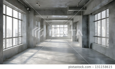 Urban apartment empty interior concrete walls metal windows open layout 131158615