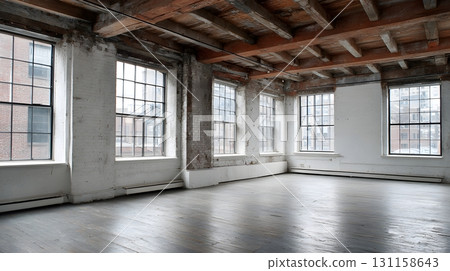 Spacious loft empty living area high windows industrial ceiling beams 131158643