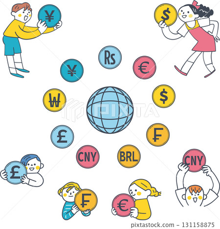 Children learning about world currencies: Diverse currency units and the global economy Children learning about world currencies: Diverse currency units and the global economy 131158875