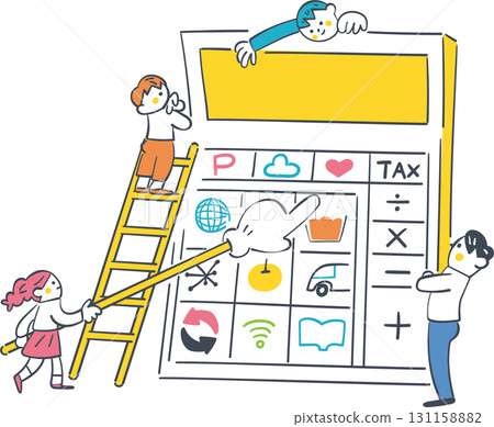 Children and adults learning about economics with a large calculator - illustrations of household management and taxes 131158882