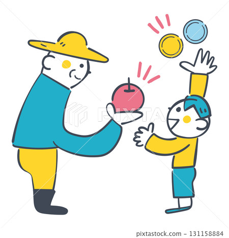 A farmer and a child exchange money for apples. A learning illustration about the value of labor and consumption. 131158884