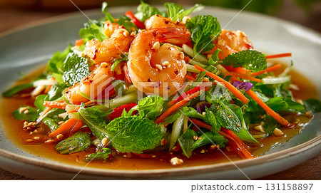 Shrimp salad with fresh green leaves and thin vegetable strips. The dish is decorated with chopped nuts or seeds. A light lunch or snack. 131158897
