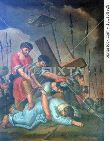 9th Stations of the Cross, Jesus falls the third time, Maria im Grunen Tal pilgrimage church in Retzbach in the Bavarian district of Main-Spessart, Germany 9th Stations of the Cross, Jesus falls the third time, Maria im Grunen Tal pilgrimage church in Retzbach in the Bavarian district of Main-Spessart, Germany 131158929