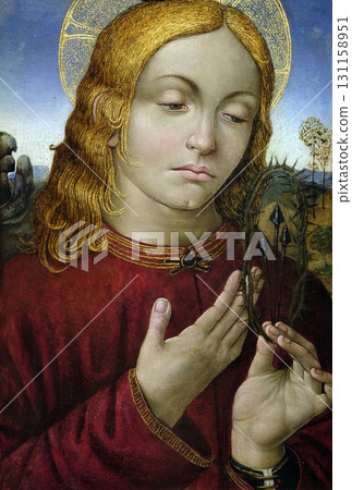 Christ with Symbols of the Passion by Raffaellino del Garbo, oil on wood, the Passion in Art from Mimara Museum in Zagreb, Croatia 131158951