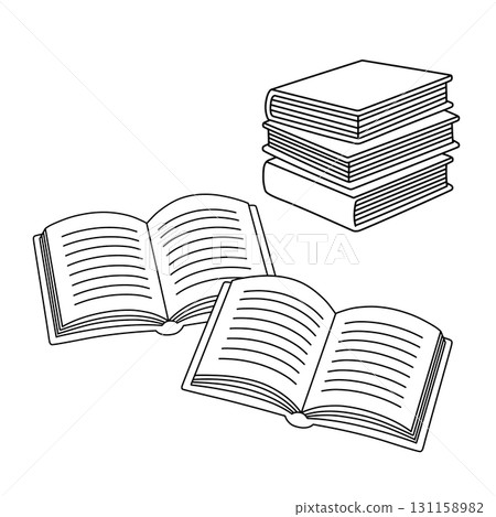 一本打開的書和一疊書的黑白線條描插圖 131158982