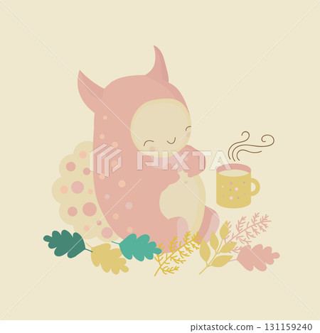 Illustration of a friendly pink monster at tea party in the park 131159240