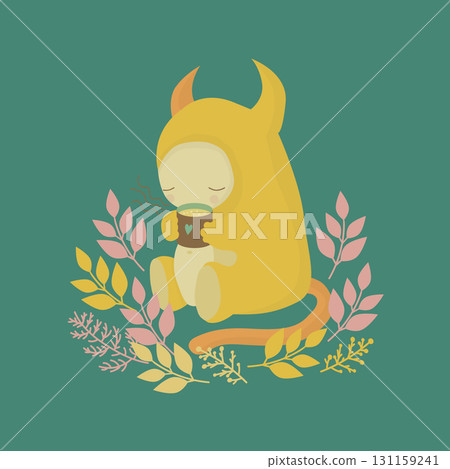 Illustration of a friendly yellow cartoon monster enjoying a mug of hot tea in the forest Illustration of a friendly yellow cartoon monster enjoying a mug of hot tea in the forest 131159241